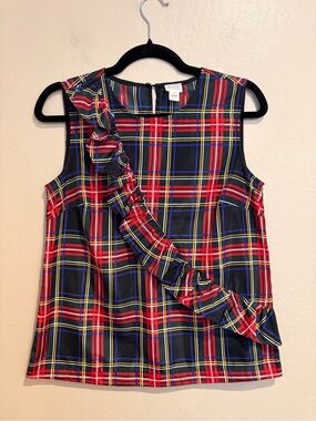 J. Crew Classic Plaid Swishy Tank Blouse w/ Ruffled Diagonal Trim, Office Xmas